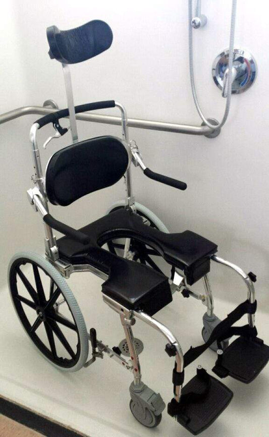 GO-ANYWHERE COMMODE 'N SHOWER CHAIR W/ 20" WHEELS - ADJUSTABLE (SP-A)